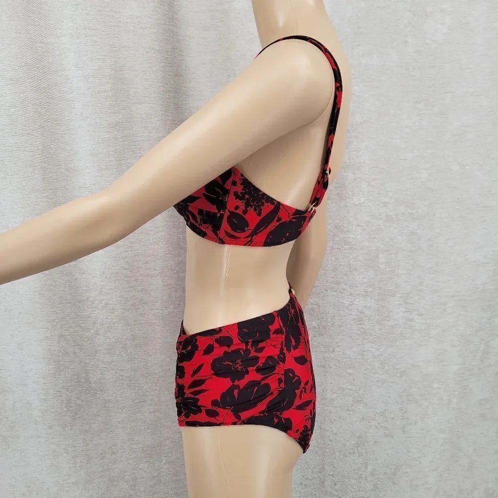 Jantzen Vintage 90s Red and Black Floral Bikini Set Swimsuit Ruched - Picture 6 of 16